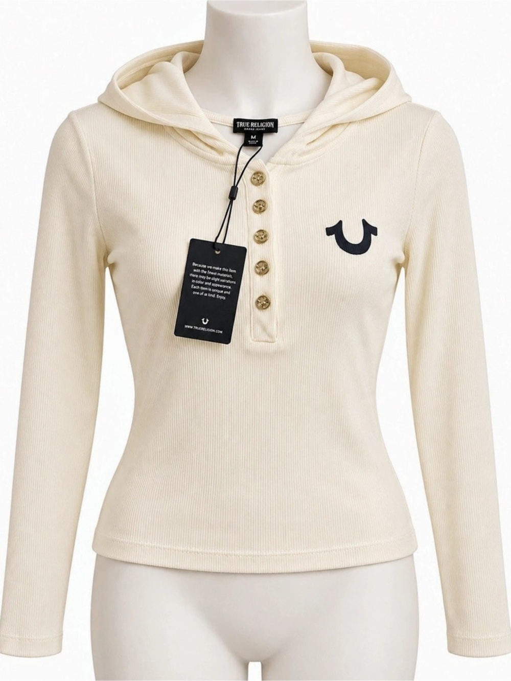 True Religion Wing Hooded Henley LS Top Cream